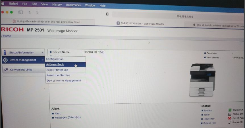 Address book Ricoh MP 2501sp